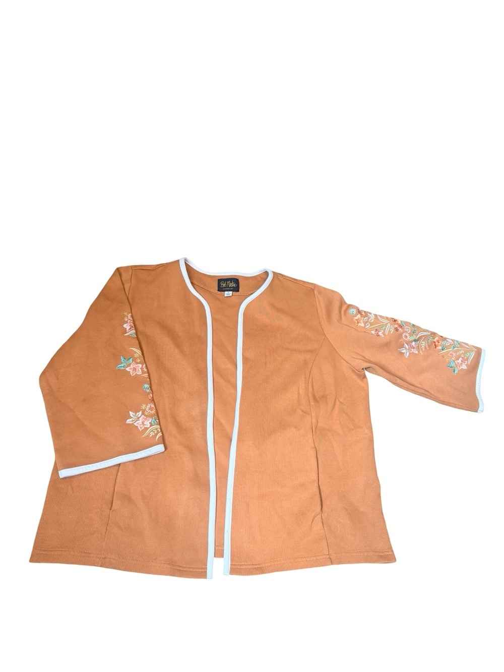 BOB Mackie wearable Art floral embroidered brownish orange open cardigan size XL